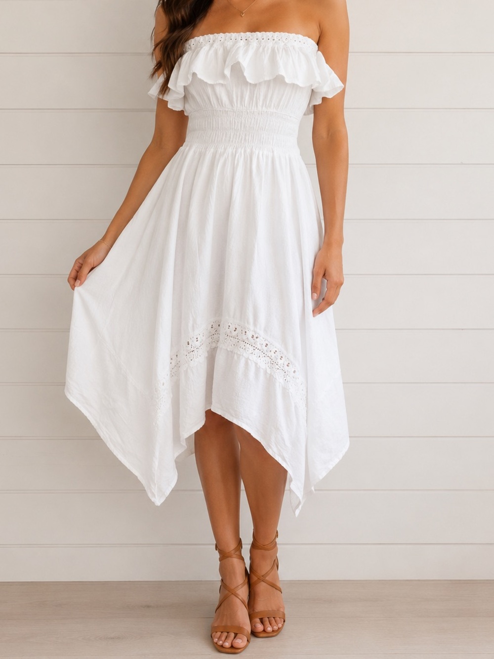 SEASPICE White Off-Shoulder Ruffle Sundress Peruvian Cotton Handkerchief Hem M